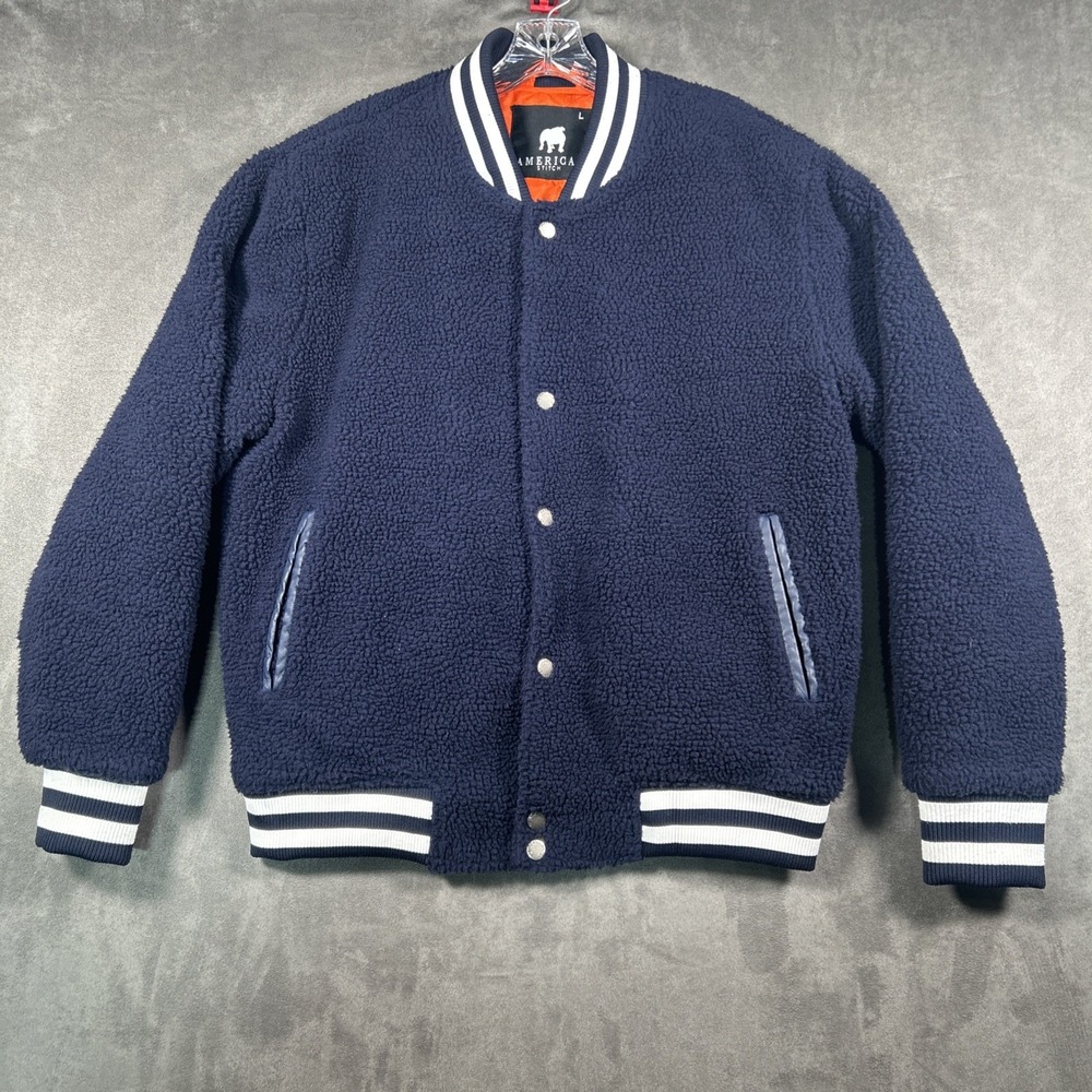 American Stitch Sherpa Bomber Jacket Quilted Lining Blue Mens L Varsity